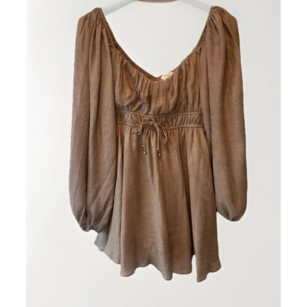 Mable Womens Beige Off Shoulder Puff Sleeve Romper Dress Sz M Boho Beach Peasant